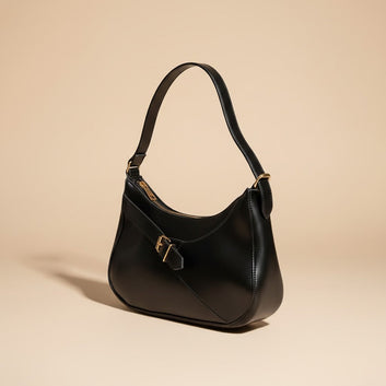 Sleek Black Handbag with Gold Buckle